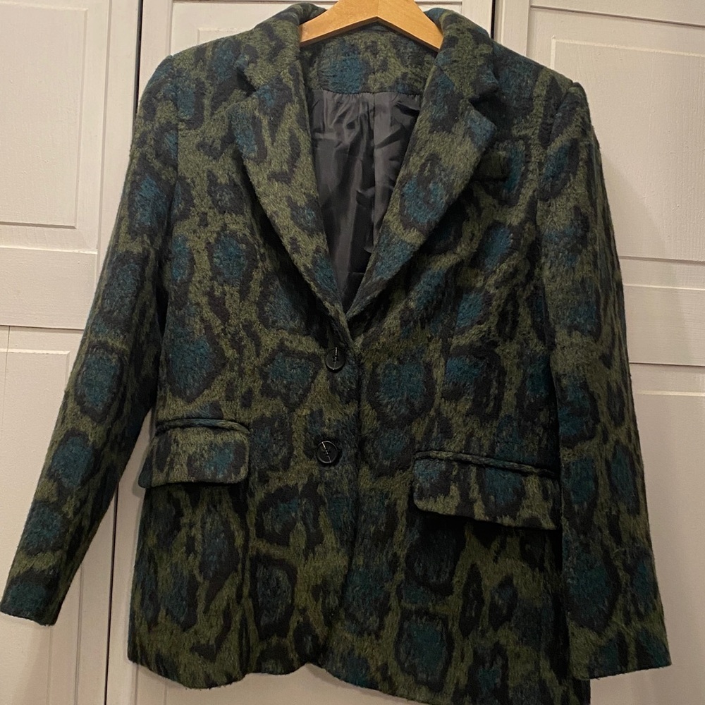 KELLY OBI  Teal, Olive  & Black Leopard Print Blazer. Sz S (no size tag)